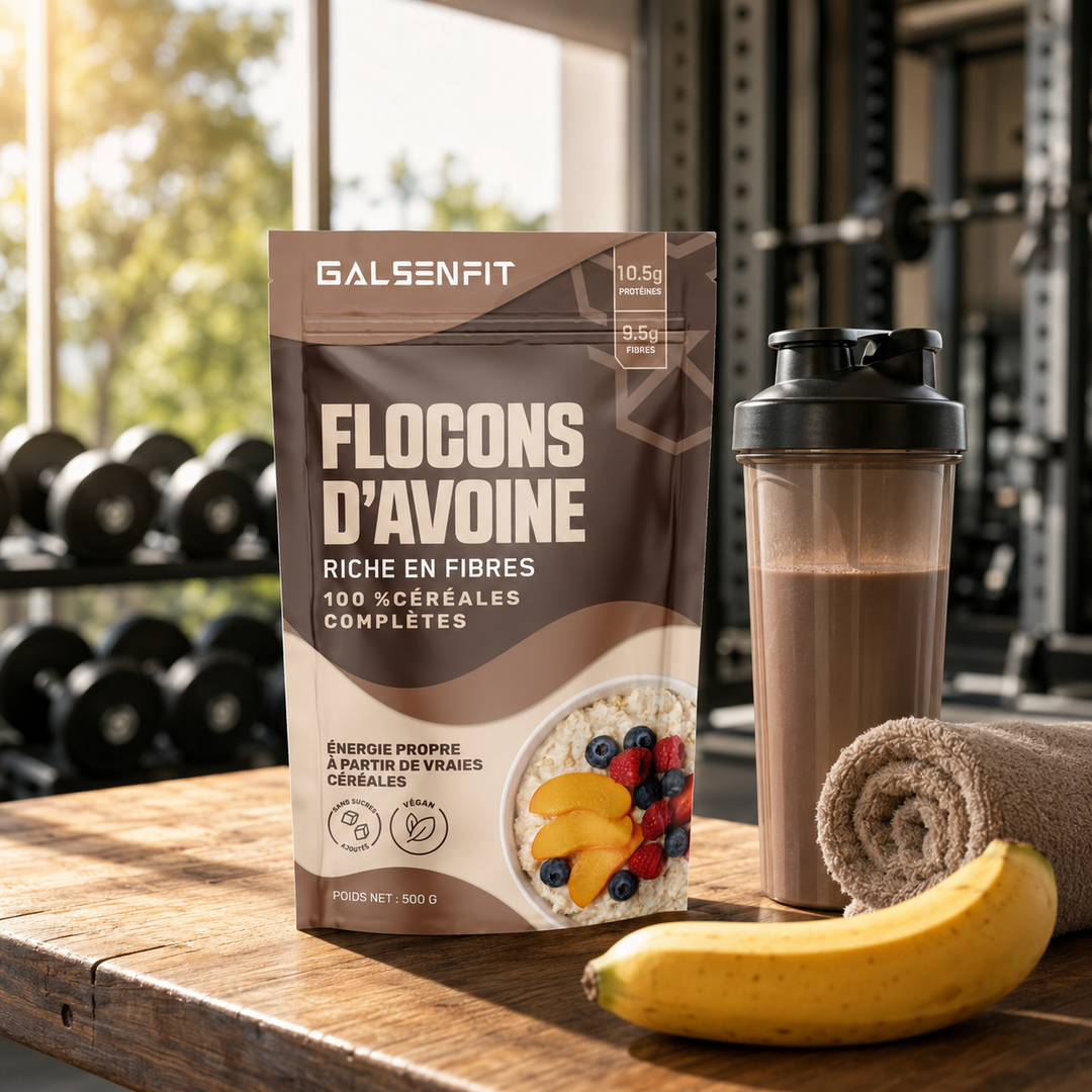 Flocons d'avoine GALSENFIT en salle de sport, énergie et protéines pour la musculation et la récupération
