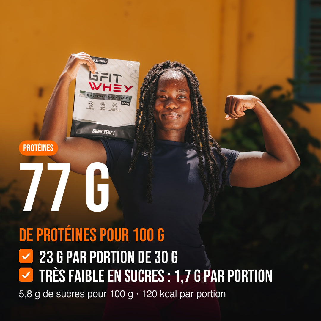 GFIT Whey : 77 g de protéines pour 100 g, 23 g par portion de 30 g, très faible en sucres