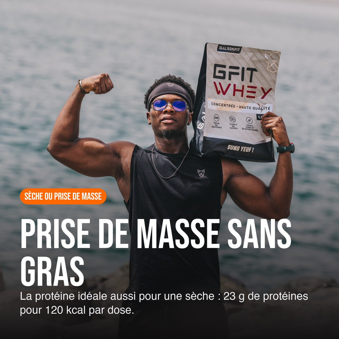 GFIT Whey, prise de masse sans gras : la protéine idéale aussi pour une sèche, 23 g de protéines pour 120 kcal par dose