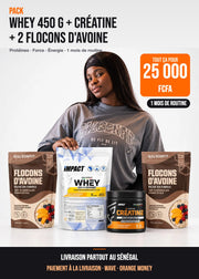 Pack Whey Créatine Avoine Galsenfit – whey 450 g, créatine et 2 sachets de flocons d'avoine, tout ça pour 25 000 FCFA, livraison partout au Sénégal
